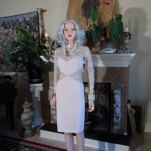 Paule Ka Nude-Blush Pink Cocktail Dress with Lace & Back Bow Detail Size S